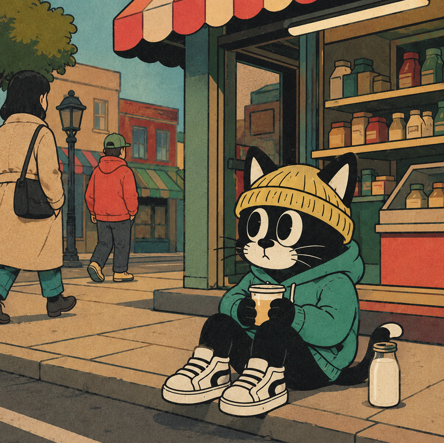 MEWLOSOL's tweet photo. Every day MEWLO sat outside the same tiny convenience store, watching thousands of people rush past without noticing the world around them. Then one evening, he discovered a forgotten alley with a strange little green door at the end. 

#MEWLO #Solana #Pump https://t.co/RY3F198lNv