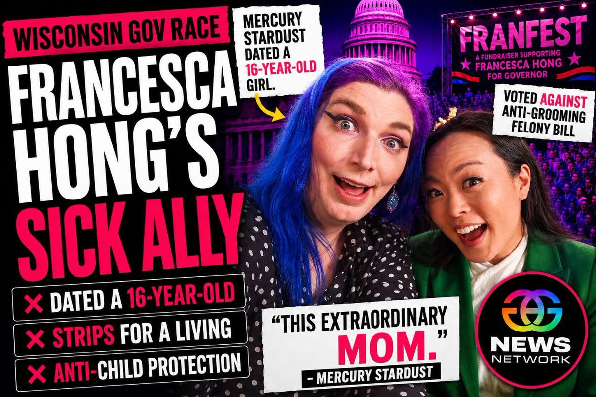 againstgrmrs's tweet photo. 🚨 BREAKING: Democratic Socialist Francesca Hong is the Democratic nominee for Governor of Wisconsin.

@FrancescaHongWI was one of the six lawmakers to vote NO on a bipartisan bill making child grooming a felony. She embraced the endorsement of Mercury Stardust, a trans activist GROWN MAN who admitted to dating a minor. Hong's campaign fights to expand the sterilization and mutilation of minors while opposing any effort to keep boys out of girls’ sports and locker rooms.

The most radical possible pick. The war on children just gained a powerful new ally.

Wisconsin parents deserve better.