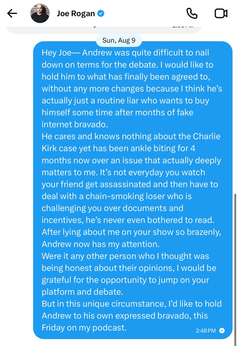 RealCandaceO's tweet photo. In the interest of transparency— when Joe Rogan offered to moderate the debate, (which was AFTER Andrew had finally agreed to the terms) here was my polite response back to him. 

I remain grateful that Joe offered, but I stand by my reasons for declining. https://t.co/1xYzKWjIHp
