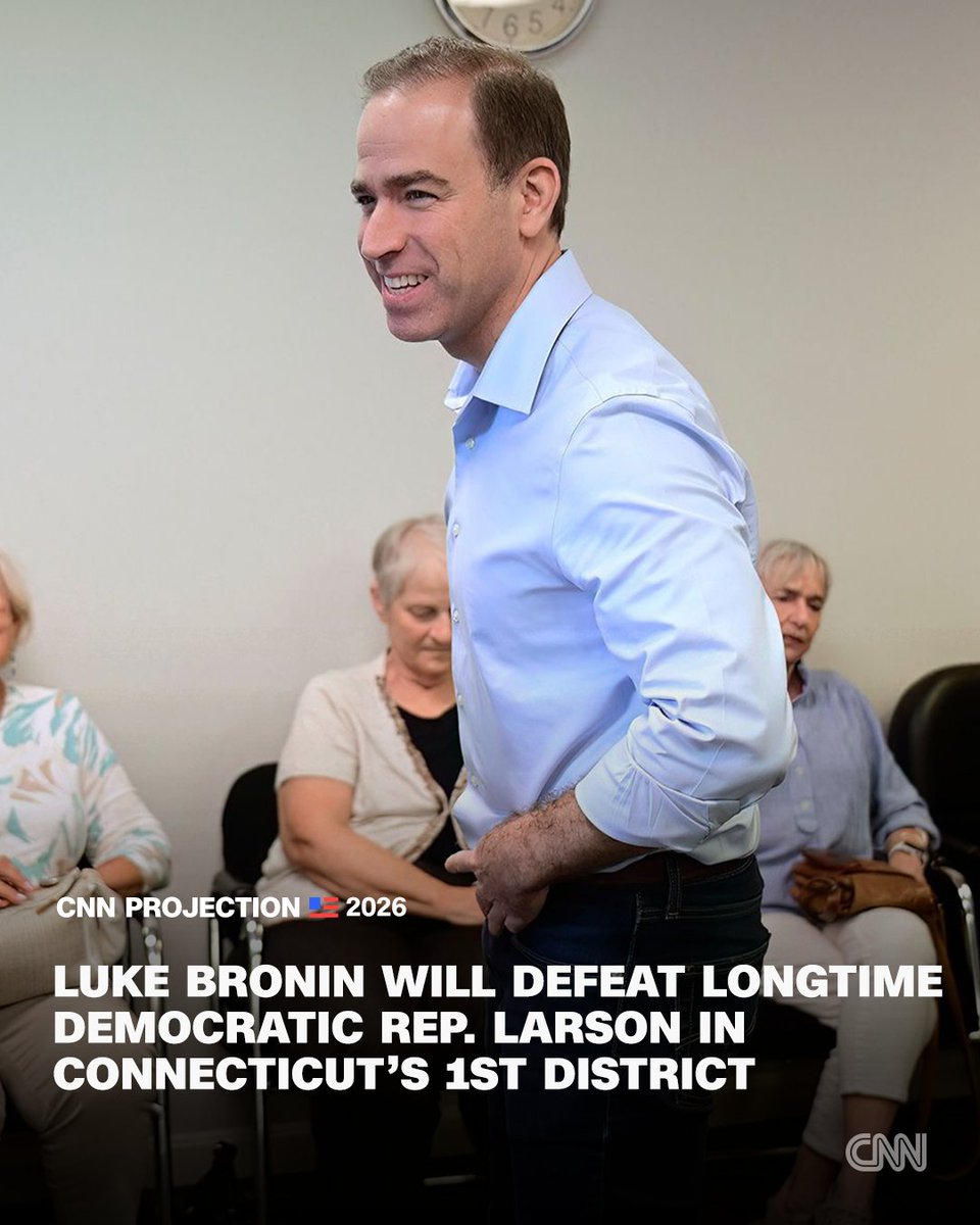 CNN's tweet photo. Former Hartford Mayor Luke Bronin will win the Democratic nomination in Connecticut's 1st District, CNN's Decision Desk projects, defeating 14-term Rep. John Larson. Follow live updates: https://t.co/1PFlKDtmqV https://t.co/JC0EOwl0Rp