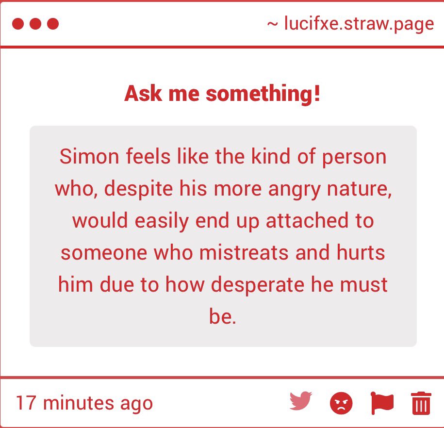 lucifxe's tweet photo. anon. we cant talk here. email me. 
but you’re right. you’re so right and i’m so glad you said it. i think at a certain point he would rather the abuse than to be alone, would crave it and become dependent on it- because who else does he have if they’re not there to mistreat him? https://t.co/FfSpagDiHO