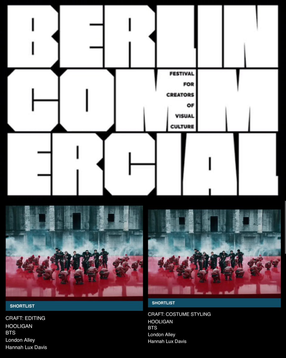 sleepinginsilk's tweet photo. “Hooligan” MV has been shortlisted for the Berlin Commercial Awards in the category ‘Craft: Editing &amp; Costume Styling’. 🔥🍀

— The Winner will be awarded on September 9th. https://t.co/ac7MGeyClb