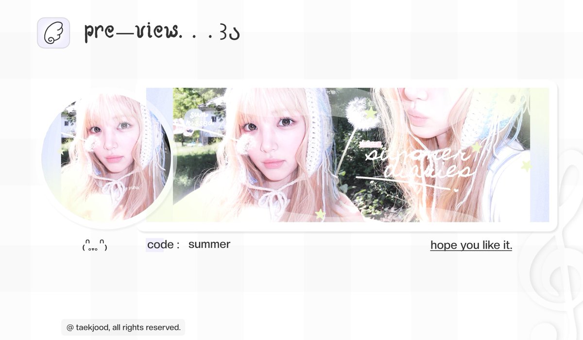 taekjood's tweet photo. help repost thank you.

hii aku mau ajak kenalan sama anak baru aku < summer > boleh tolong di ospek ya mentemen, kalo semisal kurang aman ada kesamaan sama ba lain boleh dm aku yap. untuk layout yuhanya ufs ya boleh dijemput. 🌸
#bealanja https://t.co/jh7YT0i0sR