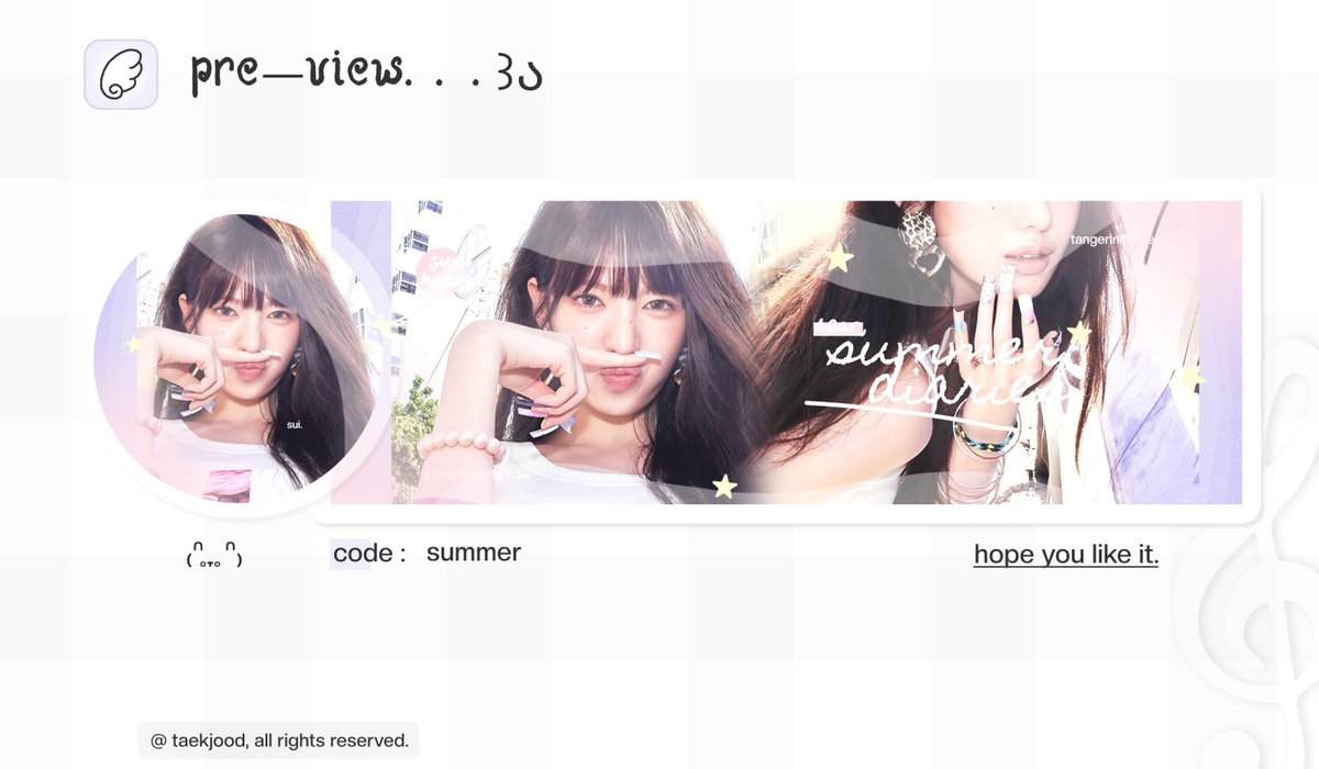 taekjood's tweet photo. help repost thank you.

hii aku mau ajak kenalan sama anak baru aku < summer > boleh tolong di ospek ya mentemen, kalo semisal kurang aman ada kesamaan sama ba lain boleh dm aku yap. untuk layout yuhanya ufs ya boleh dijemput. 🌸
#bealanja https://t.co/jh7YT0i0sR