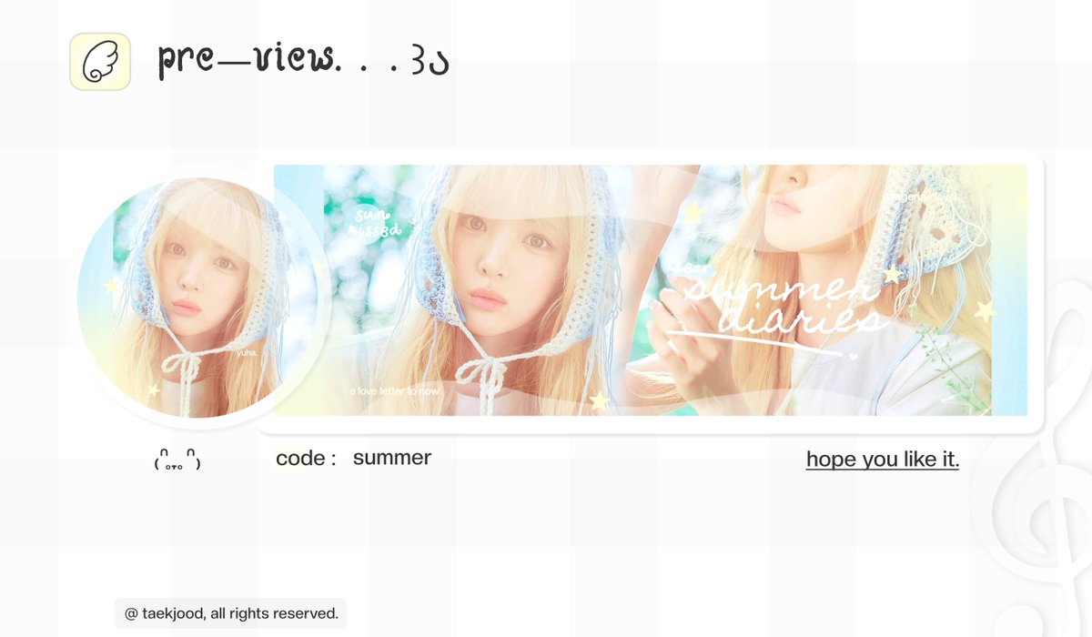 taekjood's tweet photo. help repost thank you.

hii aku mau ajak kenalan sama anak baru aku < summer > boleh tolong di ospek ya mentemen, kalo semisal kurang aman ada kesamaan sama ba lain boleh dm aku yap. untuk layout yuhanya ufs ya boleh dijemput. 🌸
#bealanja https://t.co/jh7YT0i0sR