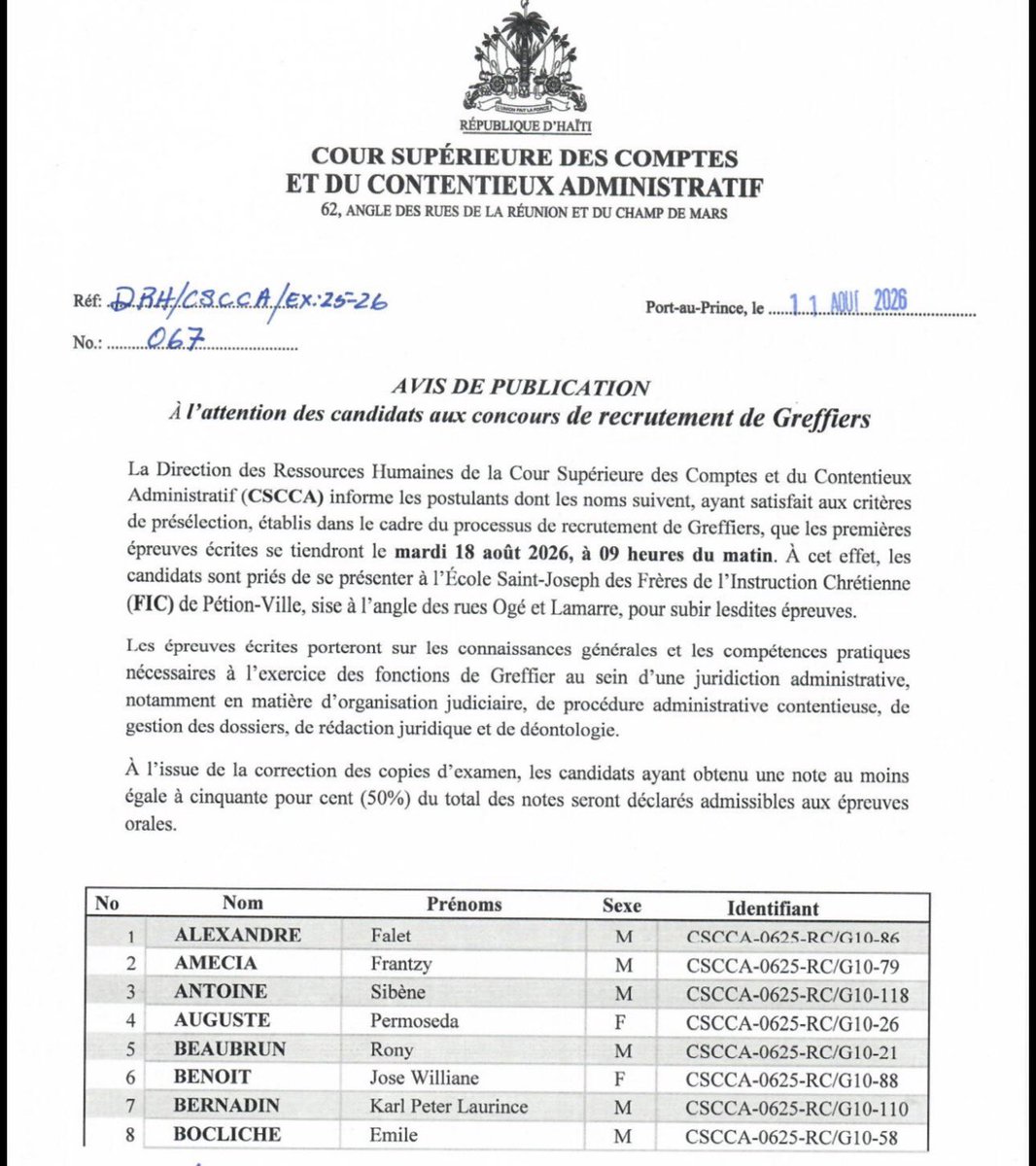 InnovaNews7's tweet photo. La CSCCA a publié , ce mardi 11 aout , une liste de candidats pré-sélectionnés dans le concours du Greffier. Ces derniers sont convoqués à une épreuve écrite qui aura lieu le mardi 18 août à l'école Saint Joseph des Frères de l'Instruction chrétienne, située à l'angle de la rue Rogers et de la rue Lamare, à Pétion-Ville. Les épreuves porteront sur les connaissances générales et les compétences pratiques liées à l'exercice de la profession de Greffier. La prochaine étape, l'examen oral, est réservée aux candidats ayant obtenu la moitié des points, soit 50 % . @csccahaiti @RogavilB45668 @InnovaNews7