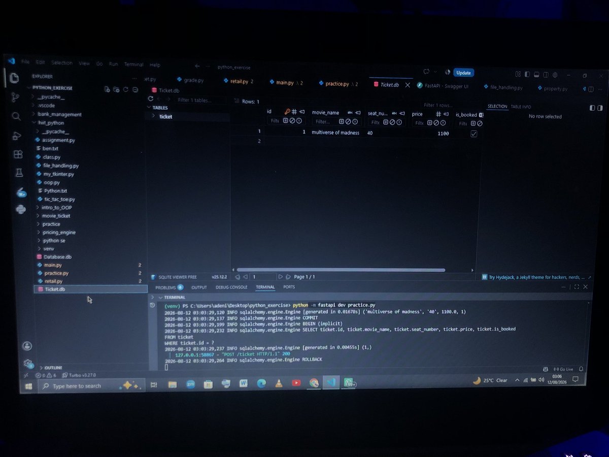 Yourtechguy_001's tweet photo. It’s 3 AM and SQLModel is FINALLY clicking! 🍾

After struggling with it for days, starting over multiple times, and digging deep into the docs... the ORM mechanics, sessions, and table schemas just snapped into place.
Now we build! 🐍🗄️ #BuildInPublic #Python #SQLModel #FastAPI https://t.co/9B6Cykwp7J