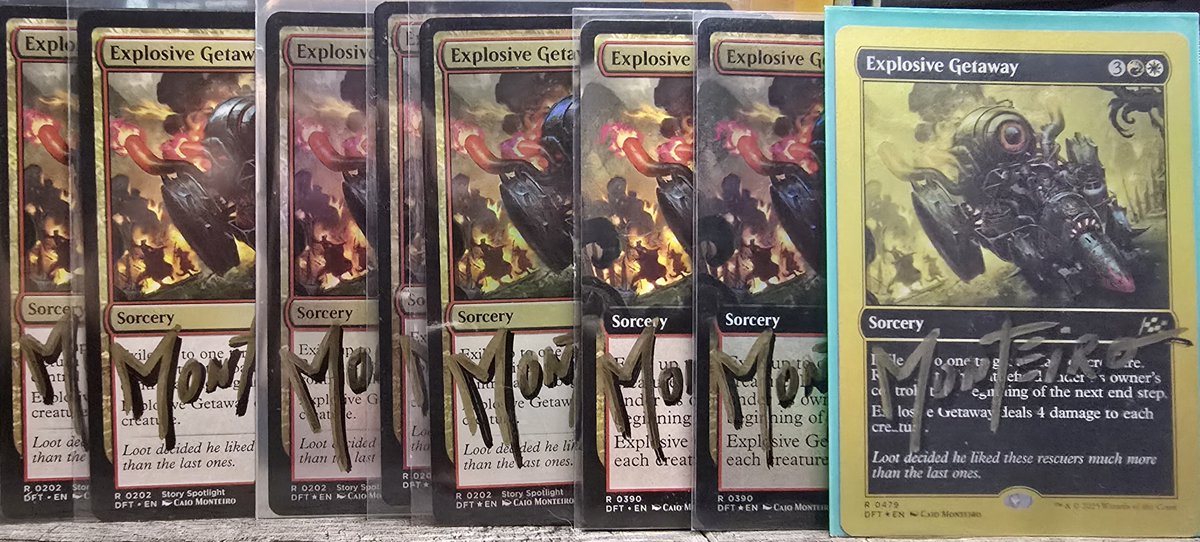 LootPosting's tweet photo. A small Loot proof mail day, with signed cards! Explosive Getaways by Caio Monteiro with a blank Extended Art Foil. 
A Portuguese Loot, the Key to Everything was included so cool! 
#ArtistProof #MTG #AP #アーティストプルーフ (are these fine to tag even if its just a blank?) https://t.co/0Zhd5Ev3zF