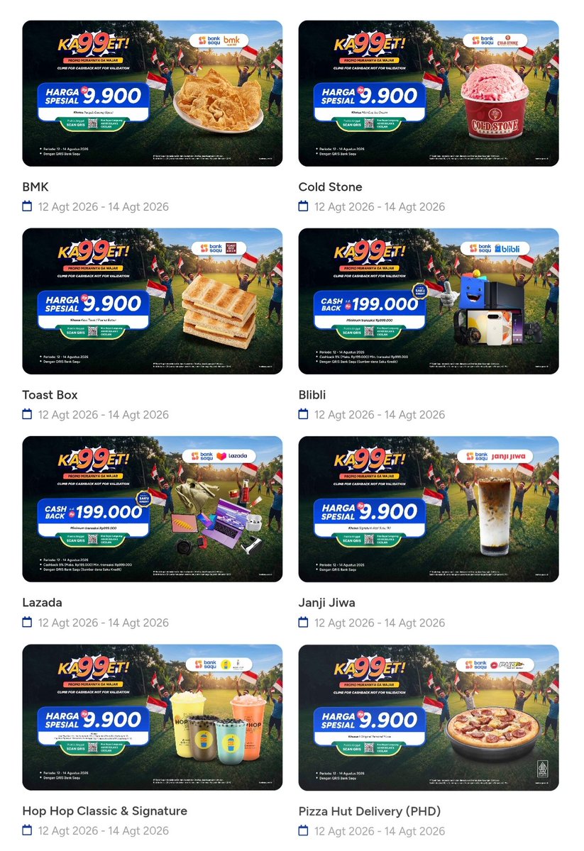 kimmyexp's tweet photo. Promo Ka99et Bank SAQU 

Jajan Serba Rp9.900 

🗓️12-14 Agustus 2026 

Lagi banyak yg worth nii; Gokana, Grainsly, Hokben Dll

snk lengkap👇🏻
https://t.co/hsL5zaHgir https://t.co/OiBuwojTqK