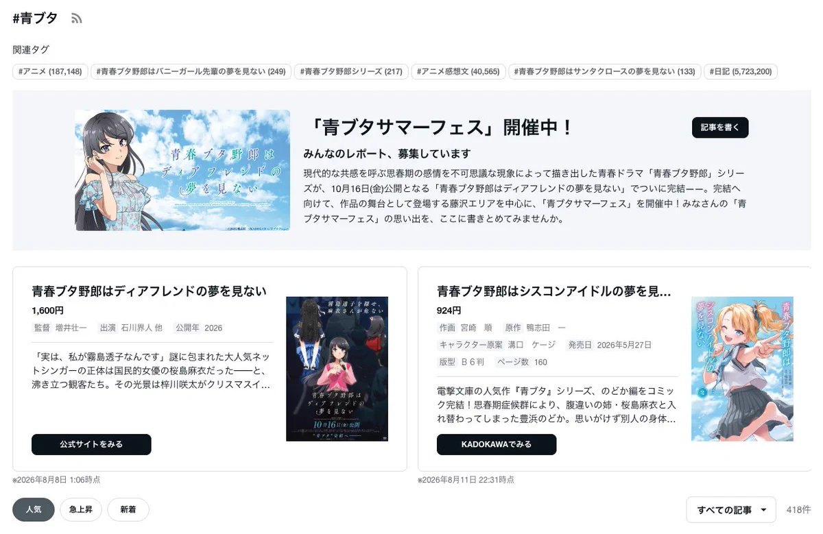 noteの「#青ブタ」作品ページのスクリーンショット。関連タグの下に「『青ブタサマーフェス』開催中！みんなのレポート、募集しています」のバナーがあり、映画『青春ブタ野郎はディアフレンドの夢を見ない』と、コミック『青春ブタ野郎はシスコンアイドルの夢を見ない２』の作品情報カードが並ぶ。