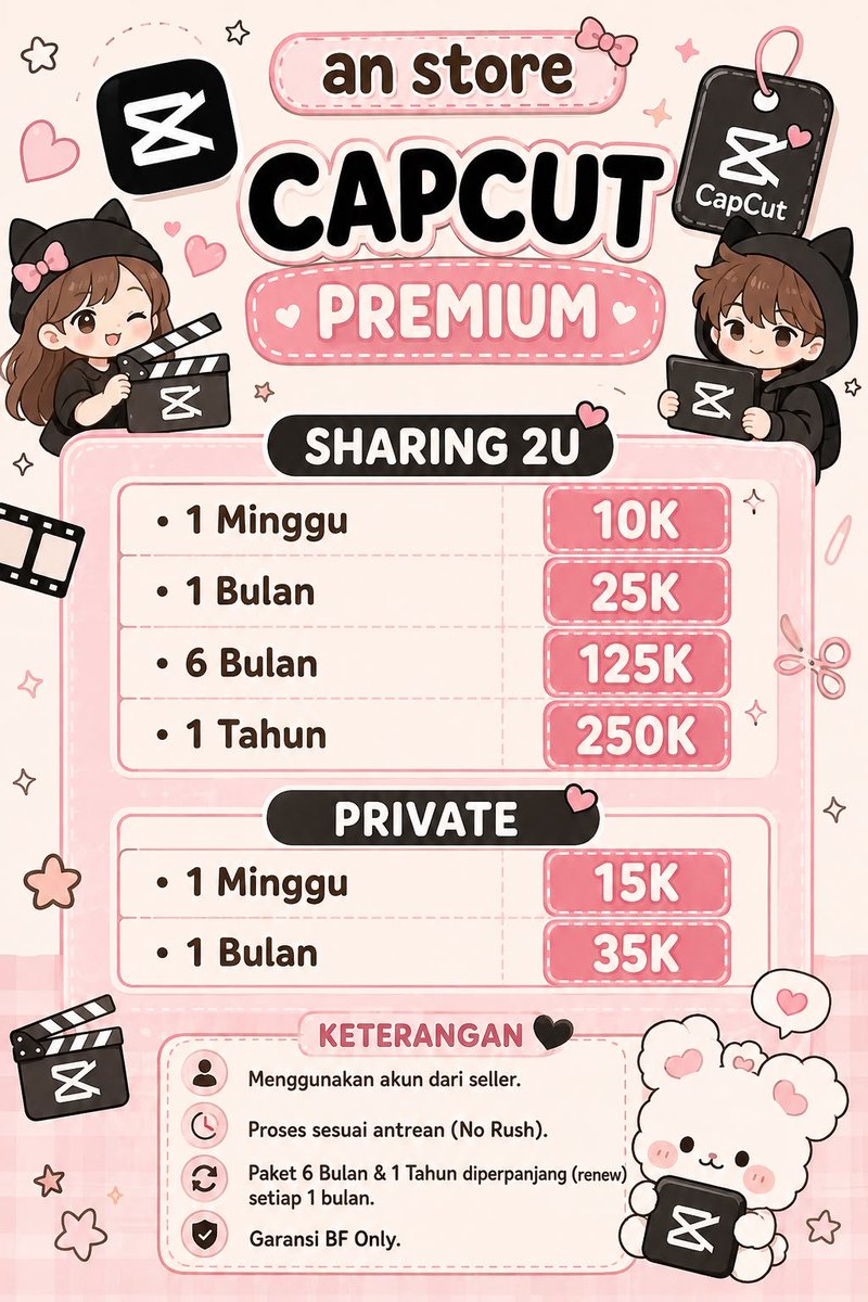 elvndka's tweet photo. @jnworyn ready kak Capcut Pro yuk wa aja 💜🫰🏻

SHARING (2U)
7D 10K
1B 25K
6B 125K
1T 250K
PRIVATE :
7D 15K
1B 35K

📩 Order : https://t.co/lHodgDtUIr
📝 Testi : https://t.co/QS1Zr7NGgy https://t.co/9FLg0RzME8