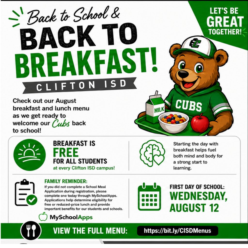 Cubs_ES's tweet photo. 🐻💚 Tomorrow’s the day, Cubs!
Get a good night’s rest, set those alarms and get ready for a GREAT first day of school! 📚
🔗 View the full Breakfast and Lunch menu: https://t.co/K63ww1dDBk
Sleep well, Cubs. We’ll see you in the morning! 💚🐻
#LetsBeGreatTogether https://t.co/fag2KuY3Ty