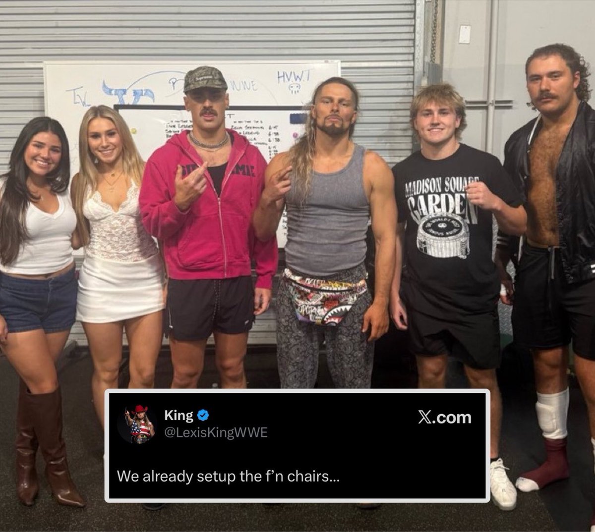 WrestlePurists's tweet photo. Lexis King shares a photo with Aalyah Mysterio, Marie Malenko, Uriah Connors, Avery Styles and Brooks Jensen at the WWE PC

“We already setup the f'n chairs...” https://t.co/CVvOh6sa6N