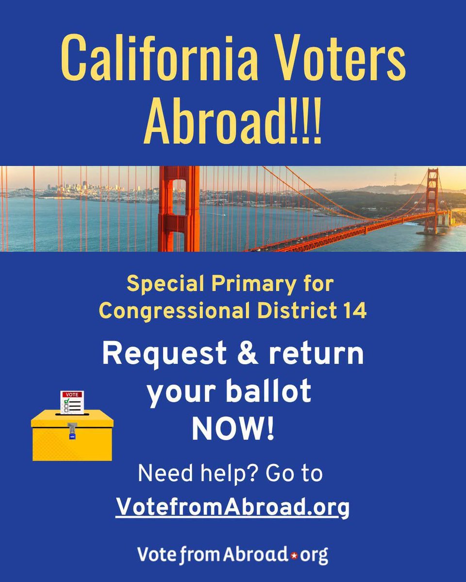 DemsAbroad's tweet photo. CA voters abroad from US House District 14! You have a special election on August 18th! 🤯 
Return your ballot by fax by August 18, 8pm. 🗳️ For details go to https://t.co/rylQqhwS7a 👈
Don't wait! ⏰ 
#VoteFromAbroad 
@CA_Dem 
#calfornia 
#DemocratsAbroad https://t.co/3DOCbJI0Oc