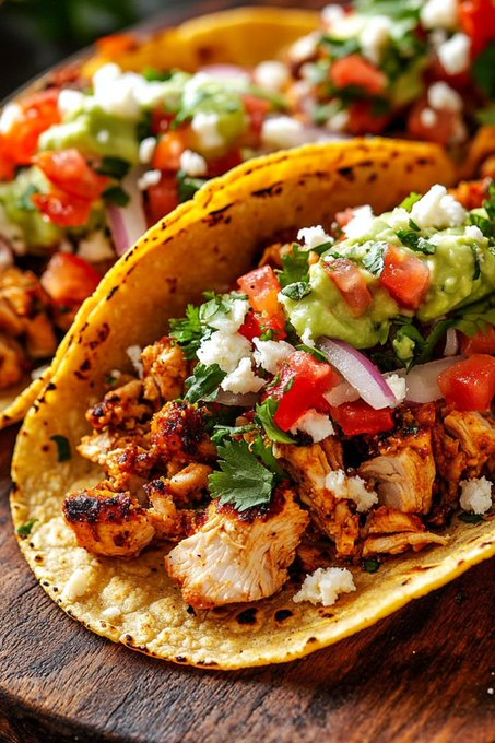 ann_ann886's tweet photo. Chicken Tacos

Serves: 4 • Makes: 8–10 tacos • Prep: 15 minutes • Marinate: 20 minutes • Cook: 10 minutes • Total: about 45 minutes

Ingredients
For the chicken
1 1/2 lb boneless, skinless chicken thighs or breasts, cut into small pieces
2 tbsp olive oil
2 tbsp lime juice
1 tsp chili powder
1 tsp smoked paprika
1 tsp ground cumin
1/2 tsp garlic powder
1/2 tsp onion powder
1/2 tsp oregano
1 tsp salt
1/2 tsp black pepper
1/4 tsp cayenne, optional
For serving
8–10 small corn tortillas
1 avocado or 1 cup guacamole
1 cup diced tomatoes
1/4 cup finely sliced red onion
1/2 cup crumbled queso fresco or feta
1/4 cup chopped cilantro
Lime wedges
Optional quick topping mix
1 cup diced tomatoes
2 tbsp chopped cilantro
1 tbsp finely chopped red onion
1 tsp lime juice
Pinch of salt

Instructions
1. Marinate the chicken
In a bowl, mix olive oil, lime juice, chili powder, smoked paprika, cumin, garlic powder, onion powder, oregano, salt, black pepper, and cayenne if using.
Add the chicken and toss well to coat. Let it marinate for 20 minutes, or up to 2 hours in the fridge.
2. Make the topping
If using the quick topping mix, stir together the tomatoes, cilantro, red onion, lime juice, and a pinch of salt. Set aside.
3. Cook the chicken
Heat a large skillet or grill pan over medium-high heat.
Add the chicken and cook for 7–10 minutes, stirring occasionally, until browned with a little char and fully cooked through.
4. Warm the tortillas
Warm the tortillas in a dry skillet for about 20–30 seconds per side, or directly over a flame for a lightly charred edge.
5. Assemble
Fill each tortilla with the chicken. Top with avocado or guacamole, diced tomatoes, red onion, queso fresco, and cilantro.
Serve with lime wedges on the side.

Tips
Chicken thighs stay juicier and give the best taco texture.
Let the chicken get a little char for that street-taco look and flavor.
If you want more heat, add hot sauce or sliced jalapenos on top.
For extra flavor, drizzle with a little chipotle crema or sour cream mixed with lime juice.

Easy variations
Add shredded lettuce for crunch.
Swap chicken for shrimp or steak.
Use flour tortillas if you prefer softer tacos.