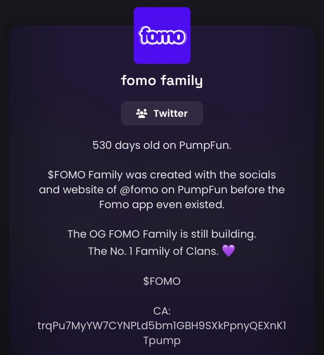 polochano's tweet photo. fomo family
531 days old on PumpFun.

fomo family was created with the socials and website of @fomo on PumpFun before the Fomo app even existed.

The OG FOMO Family is still building.
The No. 1 Family of Clans. 💜

$FOMO

CA: trqPu7MyYW7CYNPLd5bm1GBH9SXkPpnyQEXnK1Tpump https://t.co/fdFWKKkQ3f