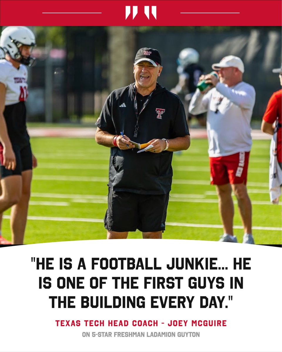 RedRaiderSports's tweet photo. 🚨NEW: “He is a football junkie.”

Joey McGuire had plenty of praise for 5-star freshman LaDamion Guyton following Tuesday’s first full-pads practice.🌵🔥

McGuire also provided updates on Will Hammond, Austin Romaine’s role and more during his latest press conference. 👀

READ: https://t.co/FqXBigmYPD