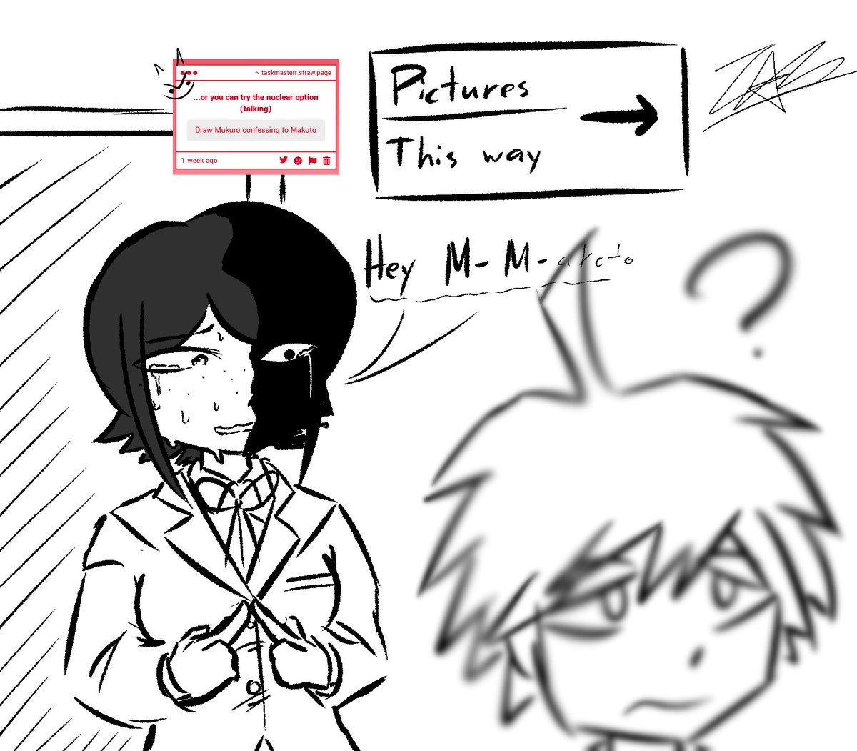 taskmaster_art's tweet photo. strawpage request 😈

she needs to overcome her shyness around Big M

#danganronpa #drtwt https://t.co/GCuIBq9bLo