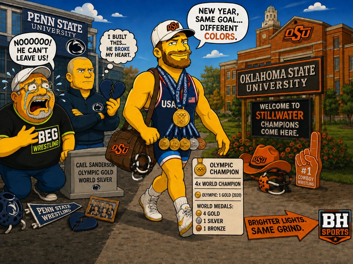 HeavyBud0's tweet photo. David Taylor really left Penn State with the medals on and took the whole show to Stillwater 😂💔

Cael staying cold. Wayne taking it a little harder.

And now Taylor’s saving a date every year for PSU 👀

Watch @BEGwrestling and @Cornell_Kevins  for more wrestling talk and reactions.

Who wins if Penn State and Oklahoma State finally meet in a dual? 👇

#NCAAWrestling #PennStateWrestling #OklahomaStateWrestling #DavidTaylor #WrestlingTwitter