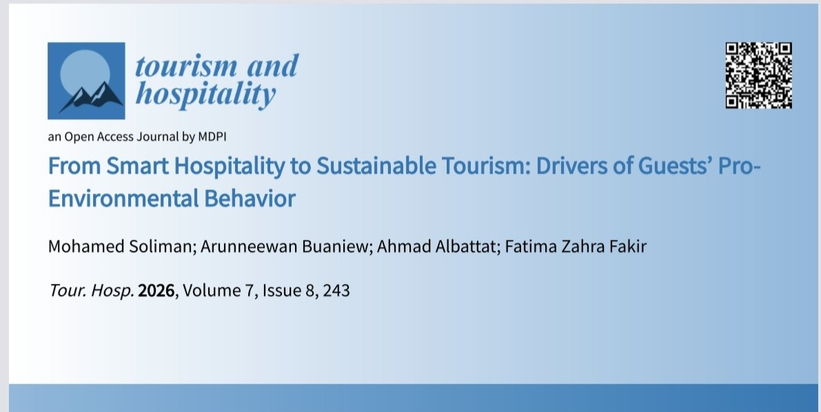 BattatDr's tweet photo. Glad to share that our paper entitled: From Smart Tourism to Sustainable Tourism: Drivers of Guests' Pro-Envinmental Behaviour has been published by Tourism and Hospitality.
@MDPIOpenAccess https://t.co/8Ayooa3IpB