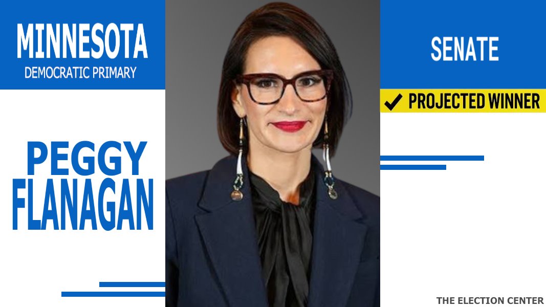 ElectionCenter_'s tweet photo. Projection:
Peggy Flanagan is the Projected Winner in the Minnesota Senate Democratic Primary. She will defeat Angie Craig.

#Election2026 #ElectionDay #MNSen https://t.co/5OigM9wQAb