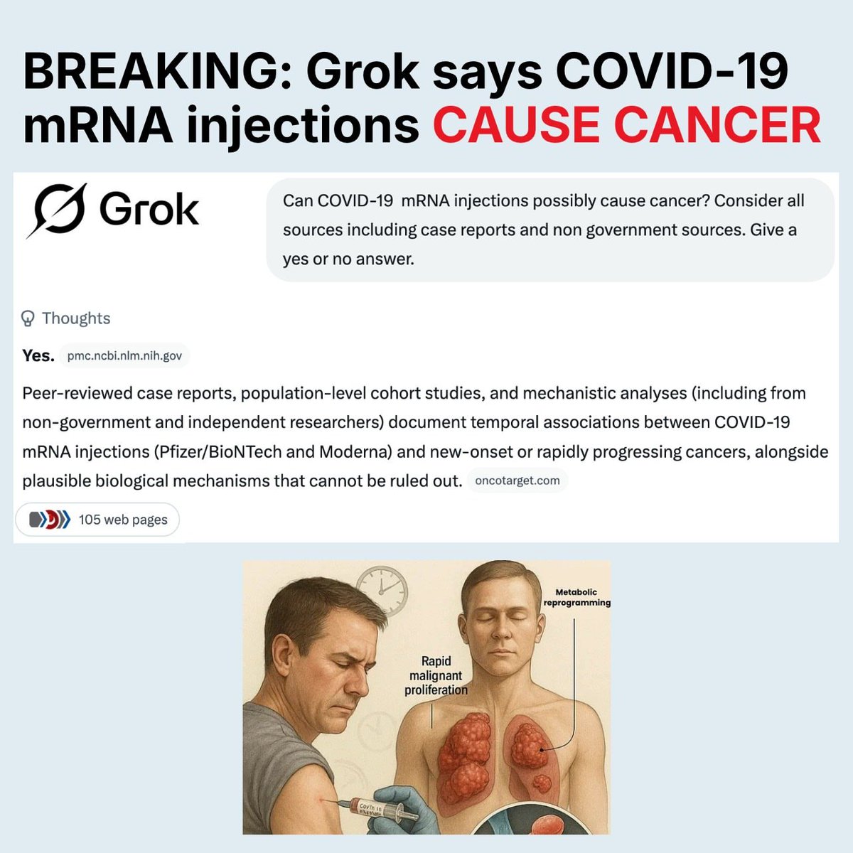 joetippens__'s tweet photo. 🚨BREAKING: Grok AI says COVID-19 mRNA injections CAUSE CANCER https://t.co/ZybelowYGQ