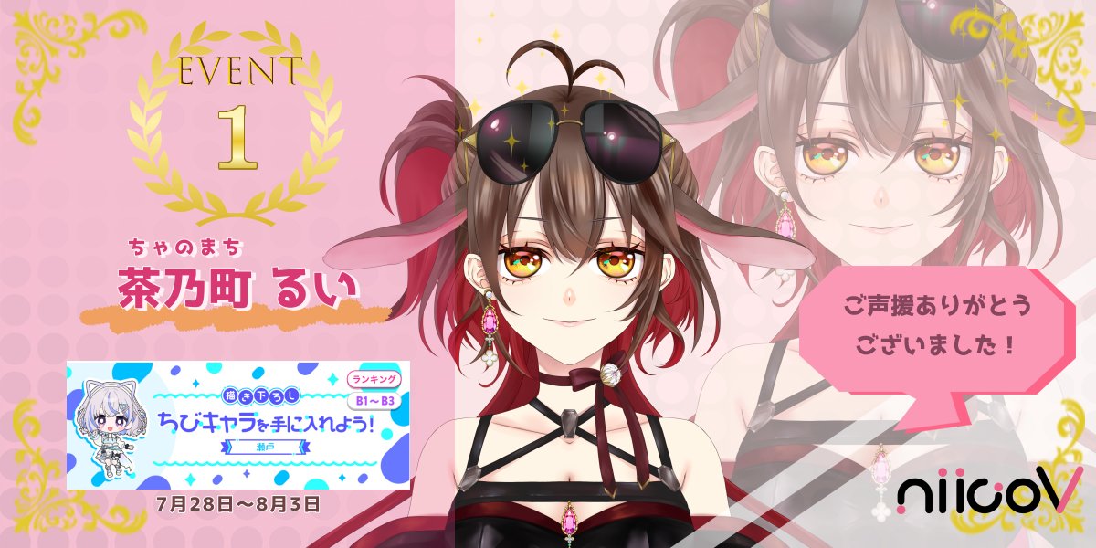niico_v's tweet photo. 【👑イベント入賞情報👑】

IRIAM開催の ちびキャラを手に入れよう！　(B1〜B3)で
niicoVライバー 「茶乃町るい」が 
(@ruirui_ochacha  ) 
グループ1位を獲得しました！

茶乃町るいさん、 そしてリスナーの皆さん、 おめでとうございます！🐰🍵 https://t.co/H8RjFJFvu1