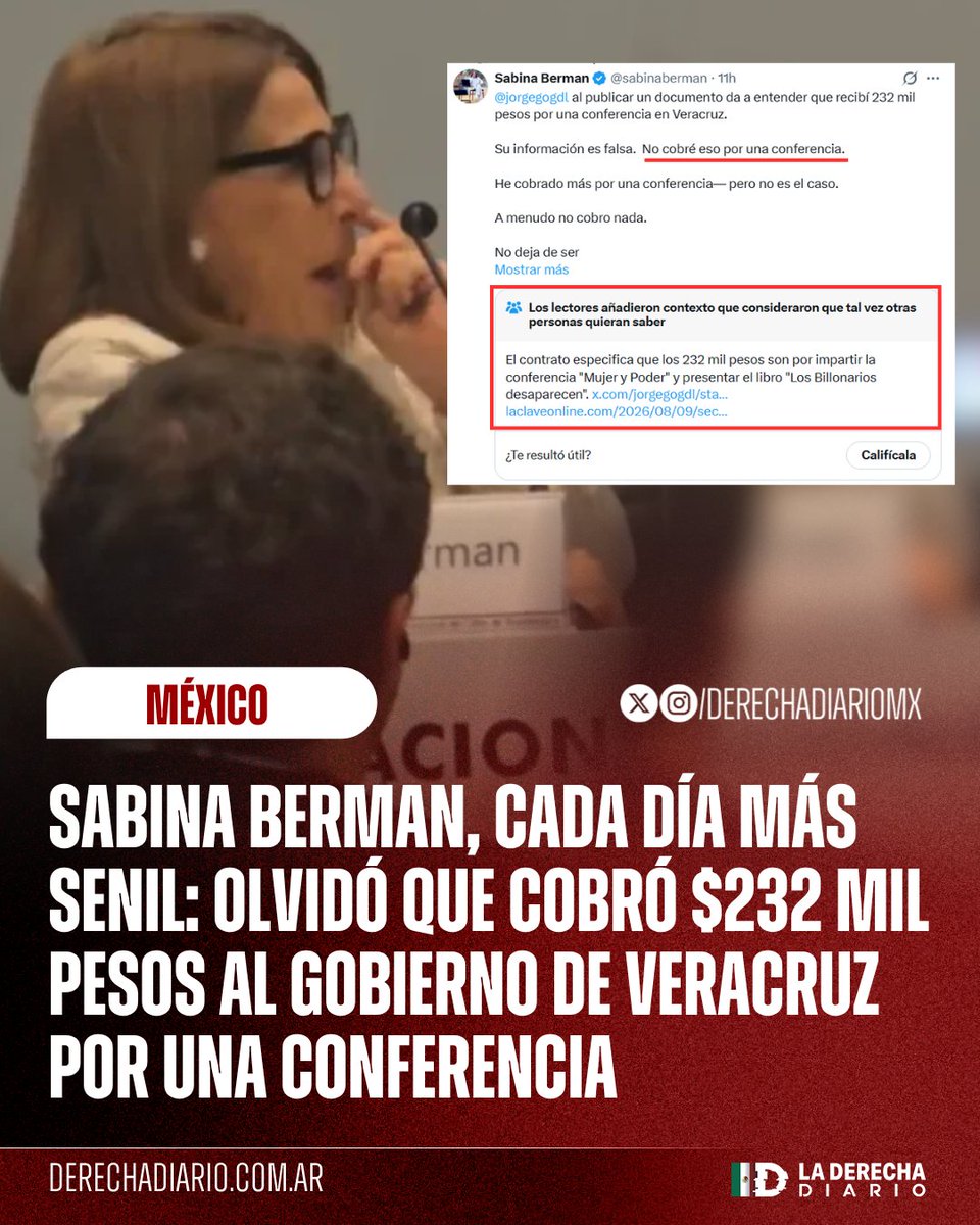 DerechaDiarioMX's tweet photo. 🚨🇲🇽 | CADA DÍA MÁS SENIL: La chayotera Sabina Berman exhibió que, cada día que pasa, su estabilidad mental se deteriora cada vez más y olvidó que cobró 232 mil pesos por una conferencia en Veracruz.

Afortunadamente, los usuarios de redes sociales se encargaron de recordarle a la inútil que efectivamente sí cobró ese dinero, según los contratos oficiales publicados @jorgegogdl.
