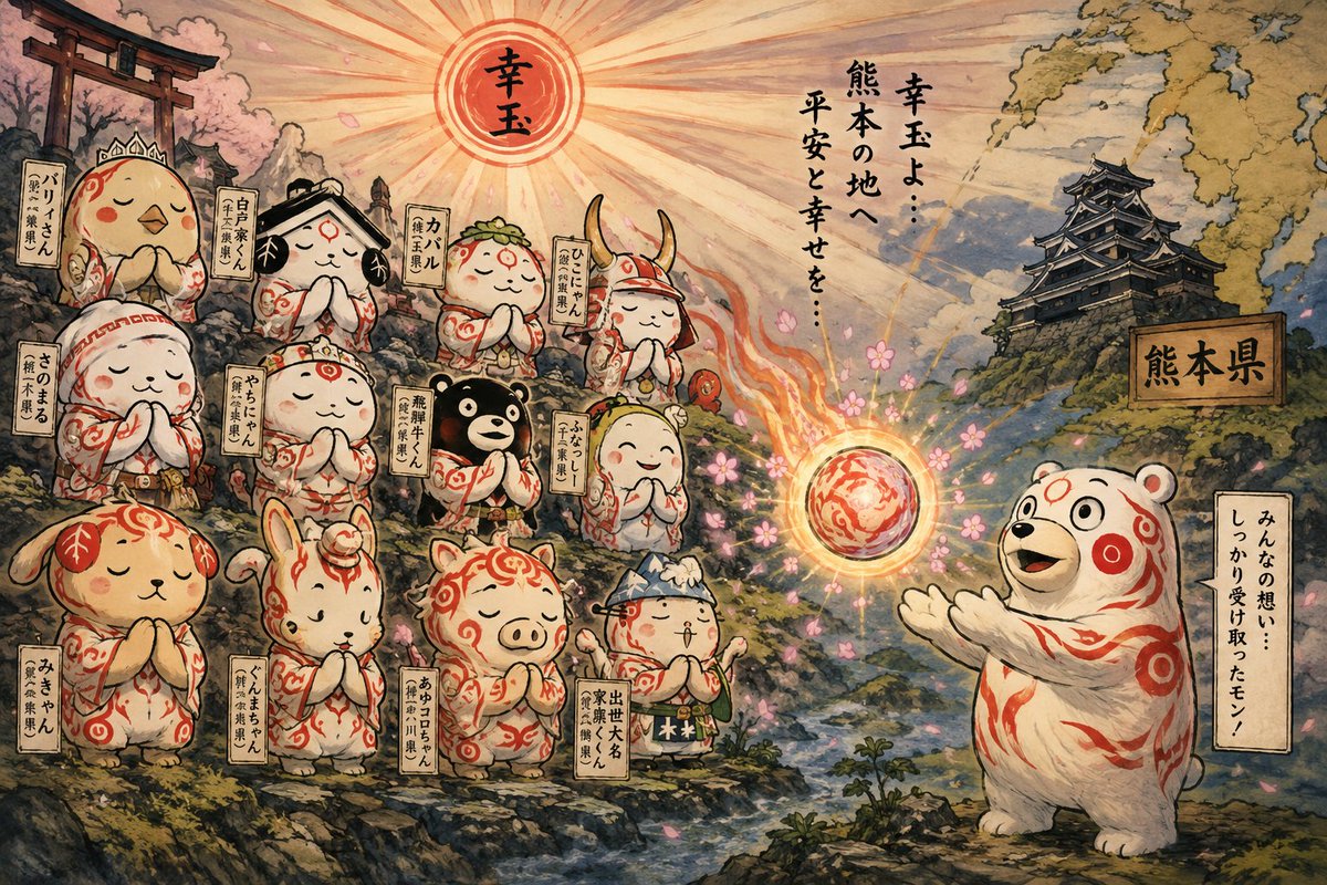 piu_factory's tweet photo. 今から被災した実家にお片付けに行く！
大神のテイストでイラスト描きたかったけど、時間全くないので、AIに作ってもらった。色々突っ込みどころあるけど、支援してくださる、他県の皆様、ありがとう！
頑張るモンっ！

#熊本地震
#熊本地震対応 
#AI画像
#大神 https://t.co/IBjp9BcAbG