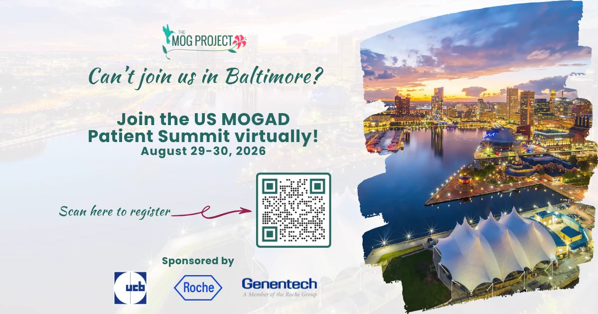 Virtual invitation to the US MOGAD Patient Summit on August 29-30, 2026, with a QR code for registration and a Baltimore cityscape shaped like Maryland.