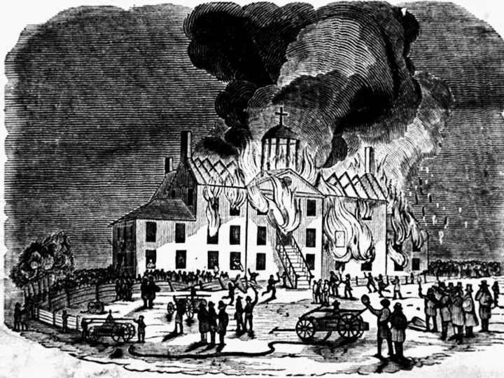 TheBostonIrish's tweet photo. On August 11, 1845, a mob of angry  #Bostonians burned to the ground the Ursuline Academy in #CharlestownMA, a boarding school for girls of all denominations.  The nativist mob was paranoid about the growing presence of Irish Catholics in the town.  It was the early stages of a sustained physical assaults against Irish immigrant communities in greater Boston that lasted for two decades.
https://t.co/WovX16IdwL