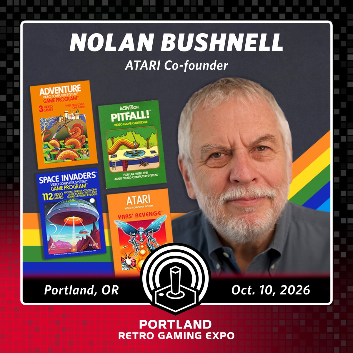 RetroGamingExpo's tweet photo. @NolanBushnell, co-founder of Atari, returns to the Portland Retro Gaming Expo for Saturday only! Get your tickets now! https://t.co/4YgNb0ukyP
#prge #prge2026 #Atari #HaveYouPlayedAtariToday https://t.co/uOjSWZZ8wG