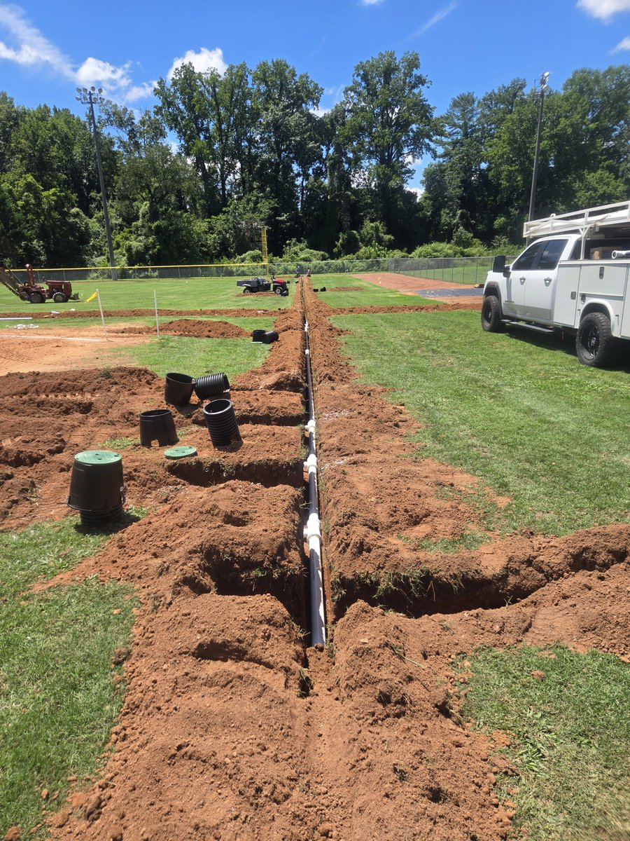 TallentTurf's tweet photo. Irrigation work happening. Legion field down, 2 softball fields to go. Next on the list, some sodcutting on the skirts to get some clean sod edges, a little infield later grade and 16k square feet of Northbridge...  @NCSFMA @FieldExperts https://t.co/cORLrJQYDI