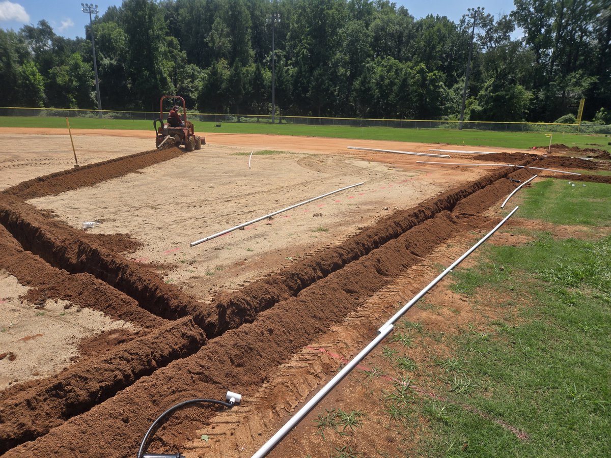 TallentTurf's tweet photo. Irrigation work happening. Legion field down, 2 softball fields to go. Next on the list, some sodcutting on the skirts to get some clean sod edges, a little infield later grade and 16k square feet of Northbridge...  @NCSFMA @FieldExperts https://t.co/cORLrJQYDI