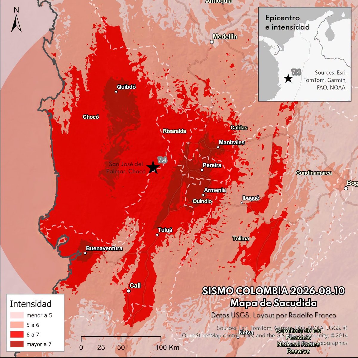 ManualEsceptico's tweet photo. Está la versión actualizada del mapa de sacudida (shakemap) por el sismo de este 10 de agosto a partir de datos del USGS. Ahora es más evidente del evento en zonas como Quibdó, Manizales, Pereira, Armenia y Buenaventura. También la intensidad que tuvo en otros lugares como Cali, Tuluá y más. Pueden consultar más fuentes en: https://t.co/BUPj3Ts4SF 
#sismo #terremoto #colombia #mapa #usgs