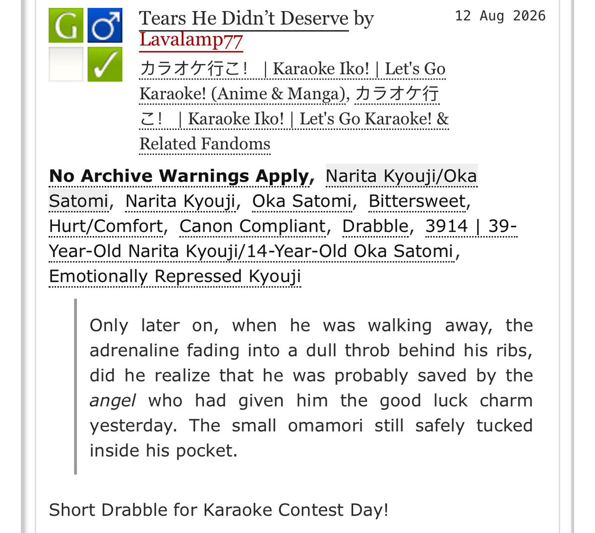 LavaLamp7777's tweet photo. Wrote a short Drabble for Karaoke Contest Day! Heavily inspired by all the wonderful crying Mimi fanarts I’ve seen all day 🥺
Link: https://t.co/3btQFrgok3
#kyosato #kyst #狂聪 https://t.co/hYq8622r2B