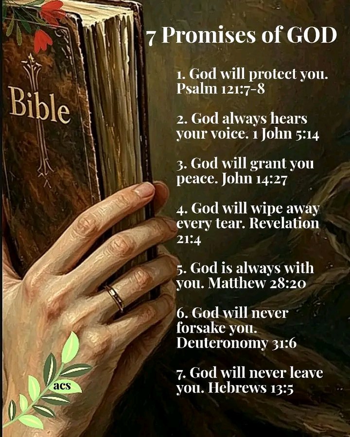 Ebeny777's tweet photo. @romans11732 @emmanuelobi476 @DavidJuno @praisej_esus @778Aoi @Zion4345 @CattusFelis @MoniqueSilfhout @OnceAnAngel18 @KurdishGalGadot @LizaRosen0000 @NLincrevable @DCordell2016 @SchieferTomTom @puckman55 @Pistol480 @9aCedarCourt @haivri @great0727 @themockingjew @YisraelOfficial @MayaMurful @edensissi @Reptile_Hybrid These seven verses form a well-known list of biblical promises highlighting God's constant presence, protection, and care for individuals. They offer spiritual encouragement, comfort in times of trouble, and reminders of divine faithfulness. https://t.co/EYXeBoMwtg