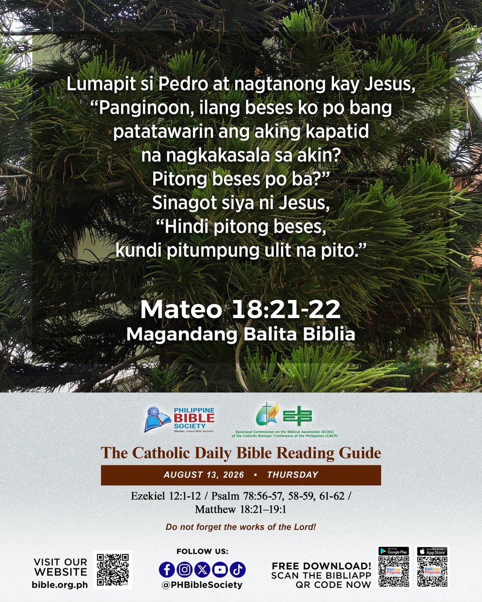 PHBibleSociety's tweet photo. Join us for a meaningful journey through the Word of God! Today's Scripture reading is from:
Ezekiel 12:1-12
Psalm 78:56-57, 58-59, 61-62
Matthew 18:21–19:1
#DailyBibleReadingGuide
#PBS #PHBibleSociety https://t.co/ZlP3mObUa6