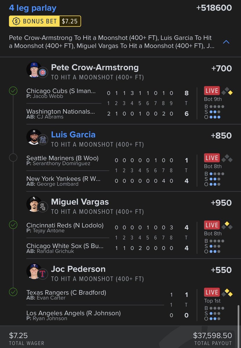 LuisL63448's tweet photo. @blkiiis @cookitup31 I swapped out Caminero for Garcia being greedy. I’m still up tonight. This would’ve been a good hit tho https://t.co/lFOMfumOzW