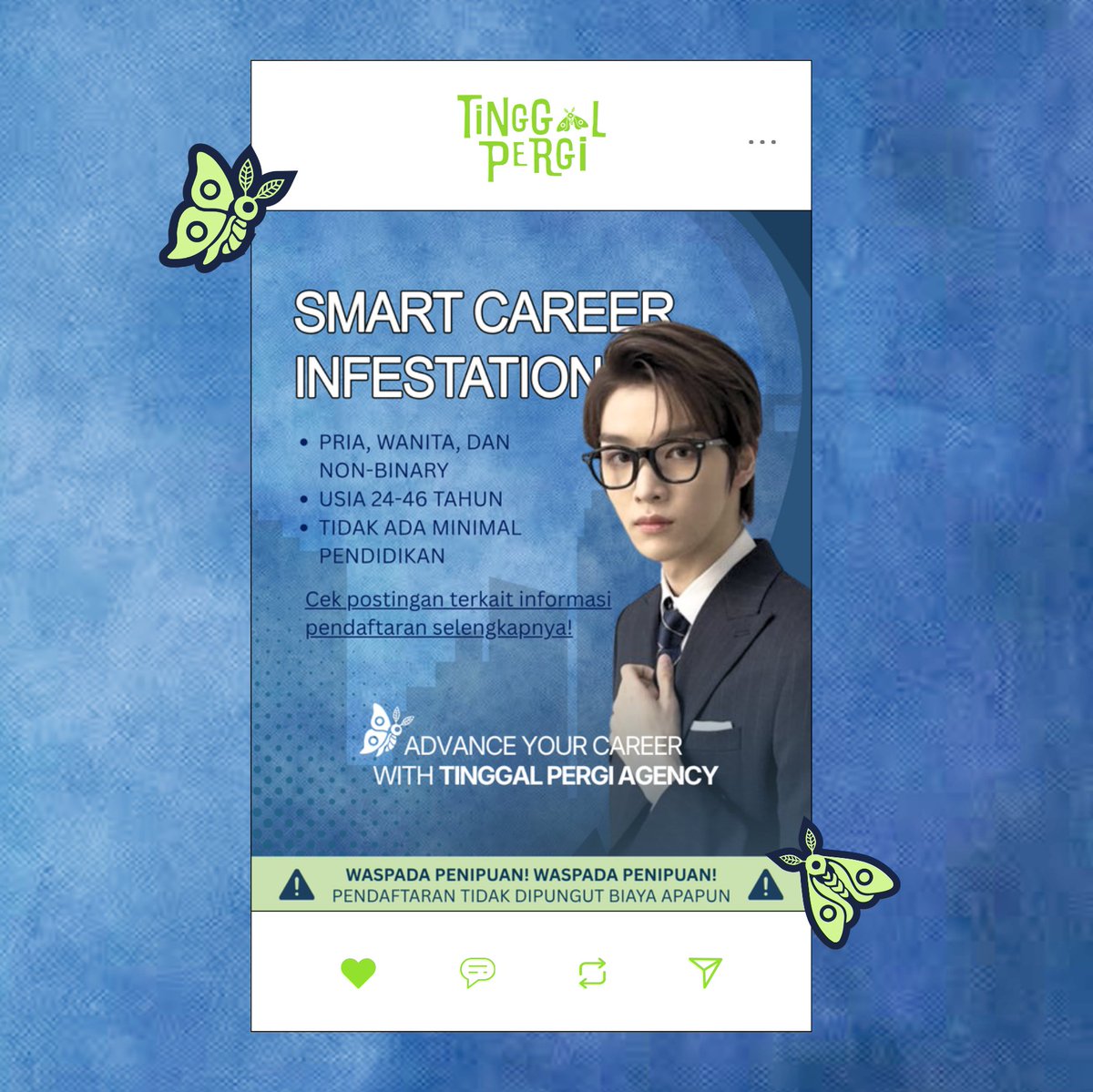 tinggalpergi's tweet photo. 𝚆𝙴 𝙰𝚁𝙴 𝙷𝙸𝚁𝙸𝙽𝙶! ꕤ

Dicari muda-mudi penuh kreasi untuk bergabung di 𝗧𝗶𝗻𝗴𝗴𝗮𝗹 𝗣𝗲𝗿𝗴𝗶 𝗔𝗴𝗲𝗻𝗰𝘆

Cek gambar untuk syarat &amp; ketentuan, daftarkan dirimu di sini: https://t.co/DWW9VQfq0G

𝗗𝗘𝗔𝗗𝗟𝗜𝗡𝗘: 13/08/2026, 12:00 WIB. JANGAN LUPA 𝗥𝗘𝗧𝗪𝗘𝗘𝗧ⵑ https://t.co/X2JvuPpQf9