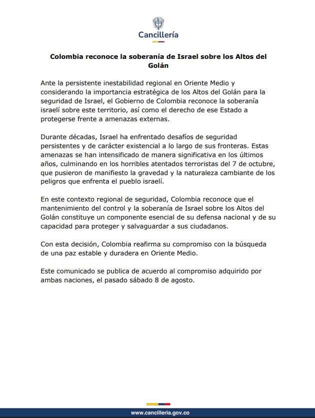 MJDuzan's tweet photo. Mientras el país empezaba  a enfrentar los efectos devastadores del terremoto, la cancillería publicó un comunicado en el que reconoce la soberanía israelí sobre los Altos de Golán, una meseta en territorio sirio que está bajo el control de Israel desde 1967. Está decisión, fisura nuestras relaciones con los árabes y con la mayoría de los países del mundo.  Hasta ahora el único país del mundo que reconocía la soberanía israelí sobre ese territorio ocupado sirio, eran  Los Estados Unidos.