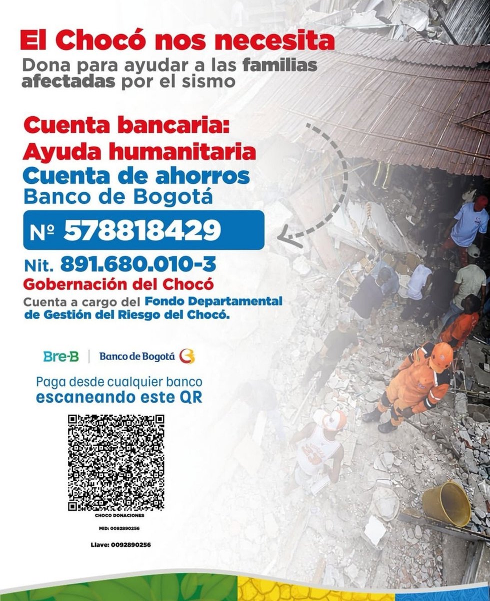 infostaycol's tweet photo. La gobernación del departamento del Chocó ha habilitado un canal directo para recibir ayuda económica.
Si desean donar pueden hacerlo escaneando el QR de la imágen.
¡Recuerden que todo aporte cuenta y es importante!

#Sismo #Choco https://t.co/1Fa1O2lQ2G