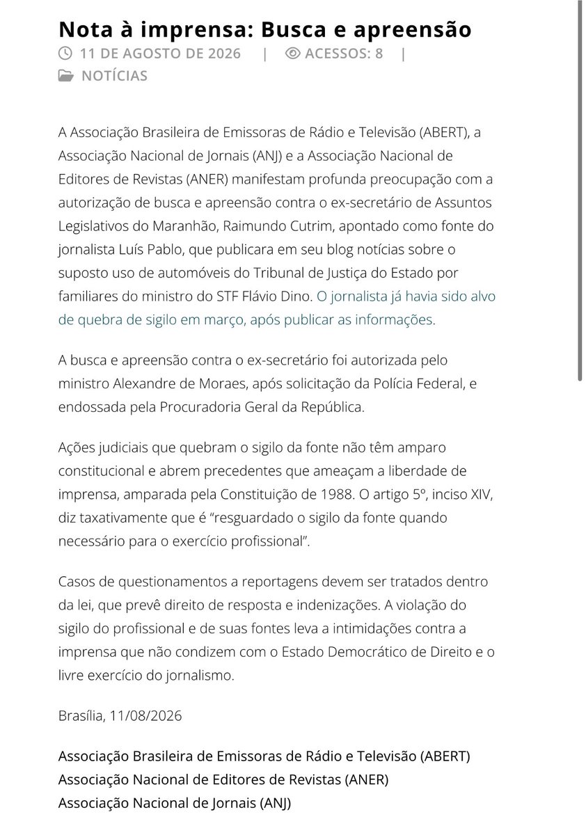 SamPancher's tweet photo. Associação Brasileira de Emissoras de Rádio e Televisão, Associação Nacional de Jornais e a Associação Nacional de Editores de Revistas manifestam profunda preocupação com busca e apreensão autorizada por Moraes contra fonte de jornalista.

“Ações judiciais que quebram o sigilo da fonte não têm amparo constitucional e abrem precedentes que ameaçam a liberdade de imprensa, amparada pela Constituição de 1988. O artigo 5º, inciso XIV, diz taxativamente que é ‘resguardado o sigilo da fonte quando necessário para o exercício profissional”.