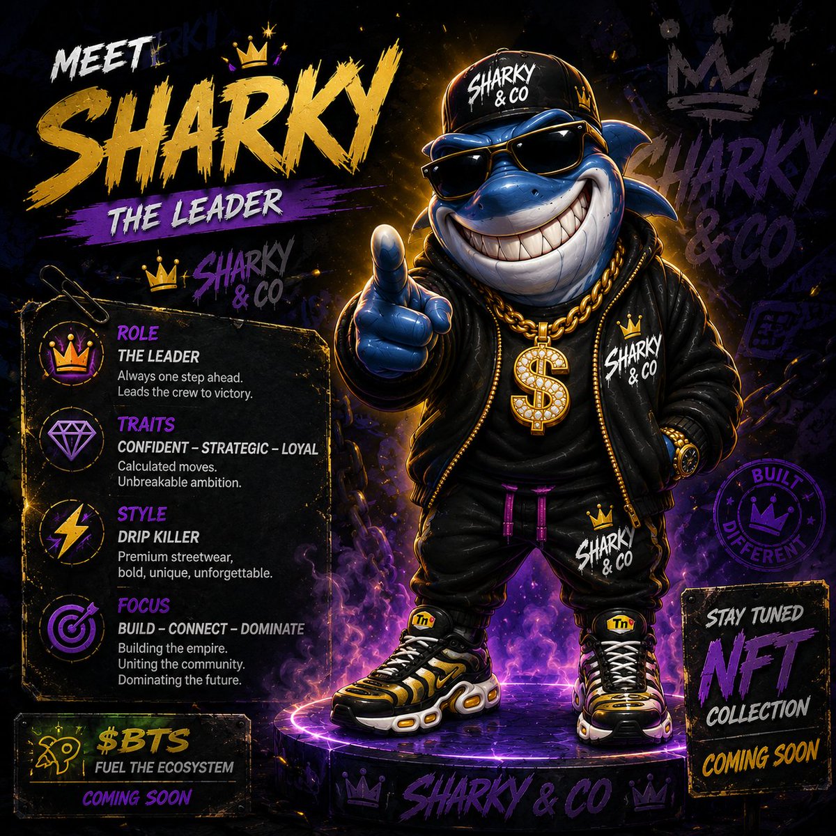 BTS_Sharky's tweet photo. Sharky, LE LEADER de Sharky &amp; Co. 🦈🕶️

Style Drip Killer unique, une ambition inébranlable, Sharky mène la charge.

Toujours une longueur d'avance, il incarne la confiance, la stratégie et la loyauté.

#SharkyAndCo #MeetTheLeader #NFTProject #CryptoEcosystem #BuiltDifferent https://t.co/ekF1TAsGzg