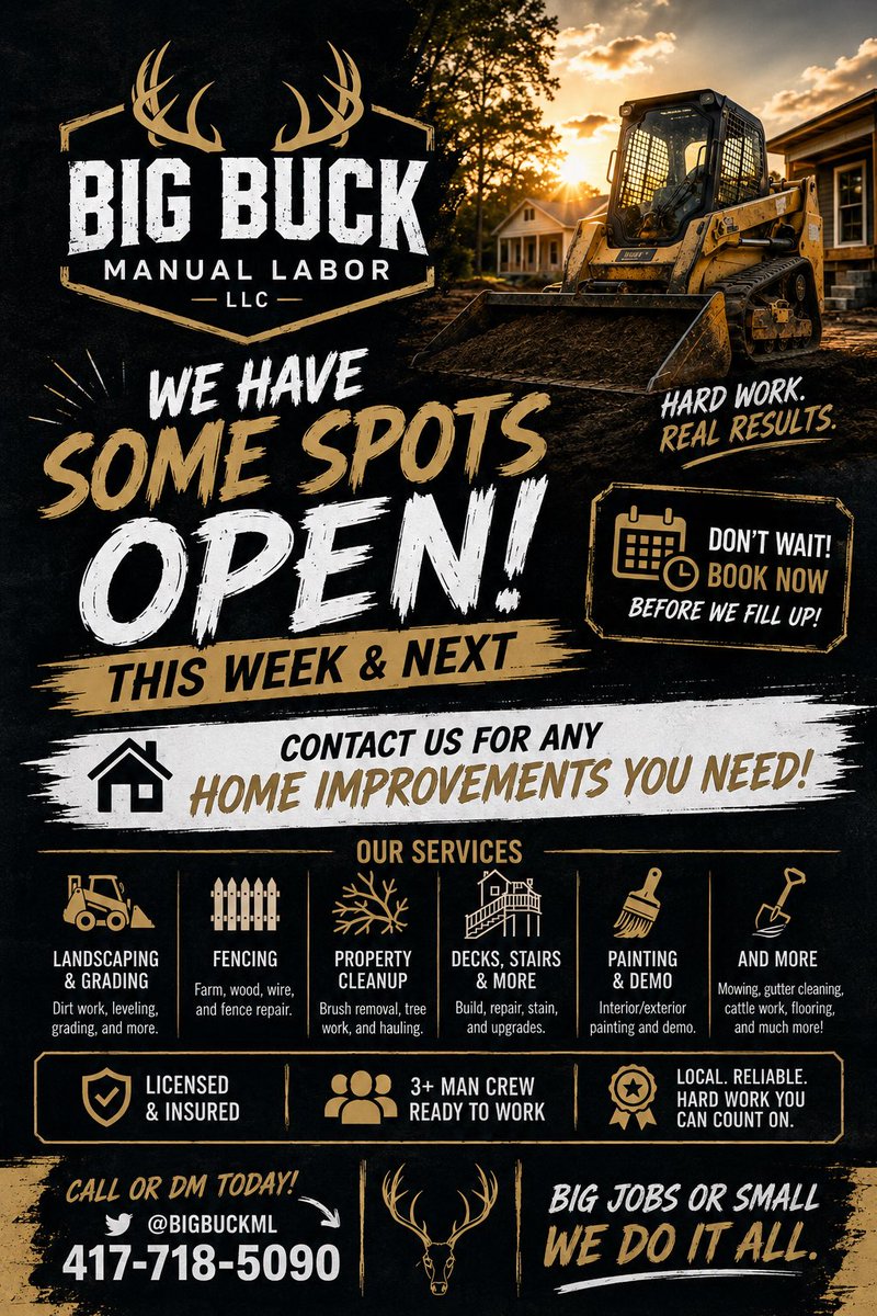 BBML2026's tweet photo. Got a few spots open the next few weeks. Send us a message and we can get you a free quote! Serving Springfield Mo and surrounding areas!🦌 https://t.co/yYYBWbxV0J