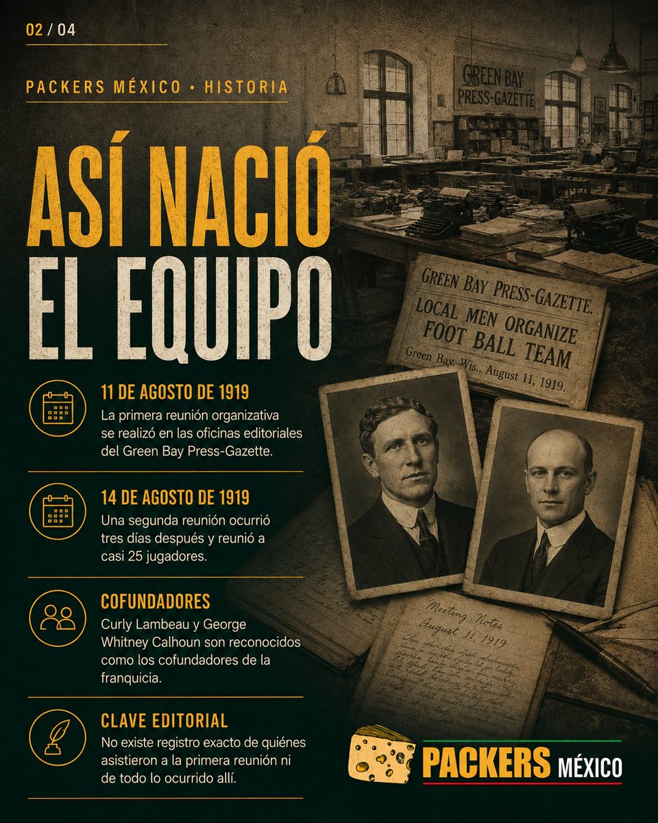 Packers_Mx's tweet photo. Hace 107 años comenzó la historia de los Green Bay Packers.

De una reunión en Green Bay a convertirse en una de las franquicias más históricas del deporte.

107 años después, la historia continúa. 💚💛

Desde México: #GoPackGo 🇲🇽 https://t.co/3acSxTtTp9