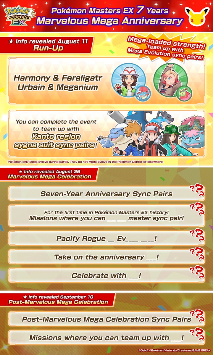PokemonMasters's tweet photo. 📢 #PokemonMastersSevenYears Mega-Loaded Strength 🔥

🎊 Marvelous Mega Anniversary 🎊

You’ve got loads of chances to team up with Mega Evolution sync pairs!

Check out what’s in store for the run-up. ✨

Even more fun is on the way! ♪

#PokemonMasters https://t.co/PYcWJ4YHG1