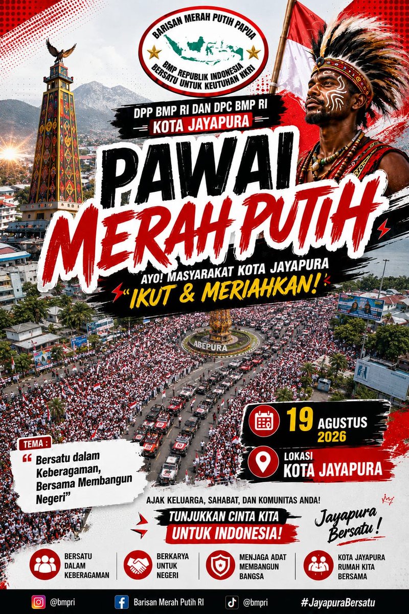 MediaRakyaIndo's tweet photo. ๐ฎ๐ฉ Ayo ikut meriahkan Pawai Merah Putih! Mari bersama keluarga dan sahabat, kobarkan semangat persatuan dan cinta Indonesia di Kota Jayapura. โค๏ธ๐ค
#PawaiMerahPutih #JayapuraBersatu #MerahPutih #Jayapura #Papua #Indonesia https://t.co/8wXD4V4AOK