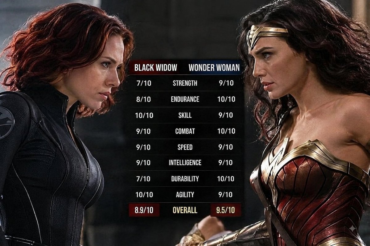 Veteran4810's tweet photo. A peak human spy bench-pressing cars next to an immortal demigod? The Marvel bias in these stats is wild. 💀
Giving Black Widow 7/10 Strength vs Wonder Woman’s 9/10 makes zero sense. One swipe from Diana ends it instantly.
Who’s the TRUE queen here? 👇
#MarvelVsDC https://t.co/unsK36pote