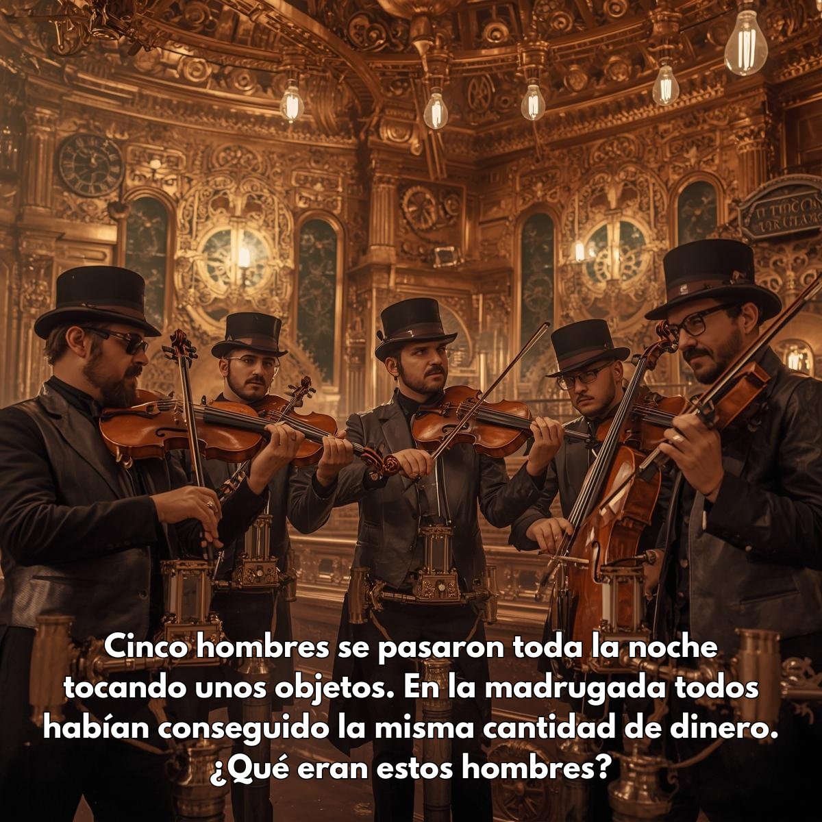 AcertijosD9's tweet photo. Cinco hombres se pasaron toda la noche tocando unos objetos. En la madrugada todos habían conseguido la misma cantidad de dinero. ¿Qué eran estos hombres? 🤔 ¡Adivina y comparte tu respuesta! 👇 #AcertijoDelDía #RetoMental https://t.co/AGrRGZNsXw